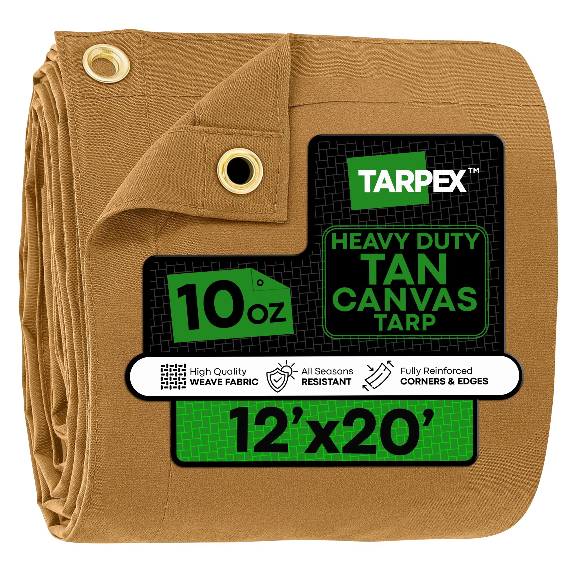 Tarpex 12' x 20' Tan 10 oz. Canvas Tarp – Heavy-Duty, Water Resistant, with Brass Grommets